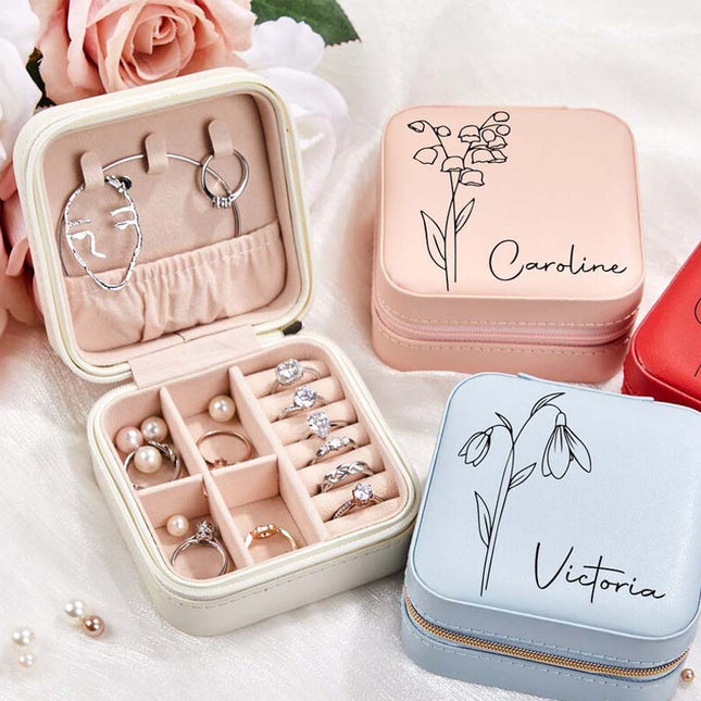 Custom Travel Leather Jewelry Box with Birth Flower Month and Name