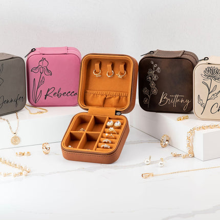 Custom Travel Leather Jewelry Box with Birth Flower Month and Name