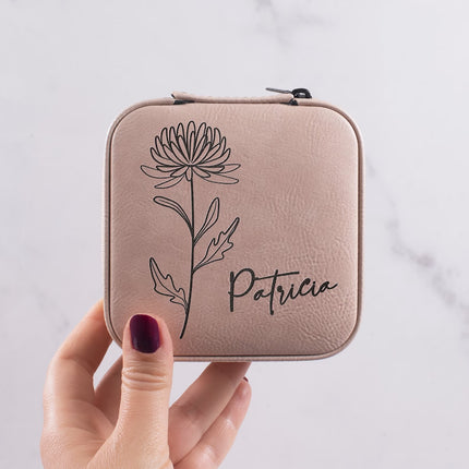 Custom Travel Leather Jewelry Box with Birth Flower Month and Name