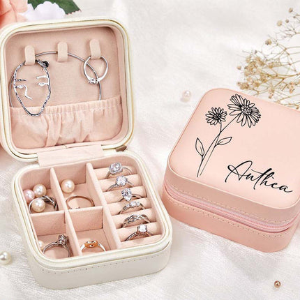 Custom Travel Leather Jewelry Box with Birth Flower Month and Name