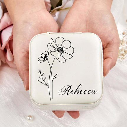 Custom Travel Leather Jewelry Box with Birth Flower Month and Name
