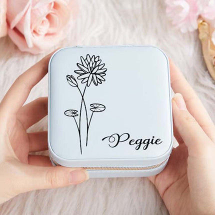 Custom Travel Leather Jewelry Box with Birth Flower Month and Name