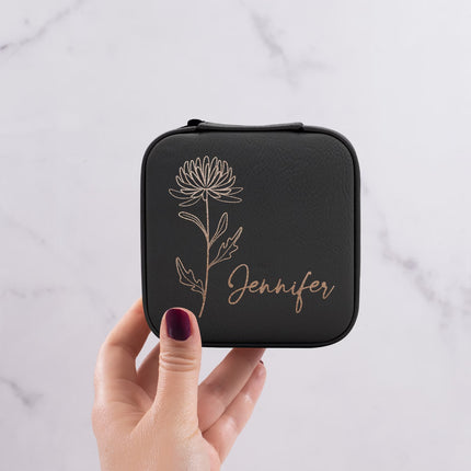 Custom Travel Leather Jewelry Box with Birth Flower Month and Name