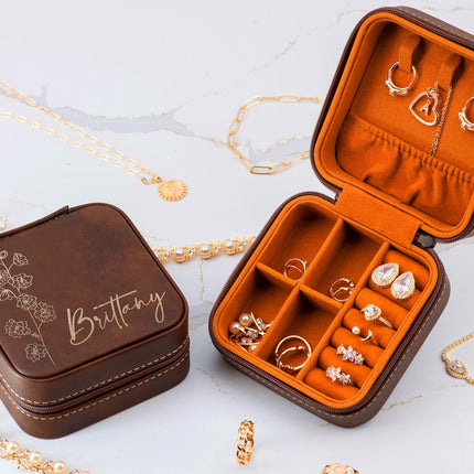 Custom Travel Leather Jewelry Box with Birth Flower Month and Name