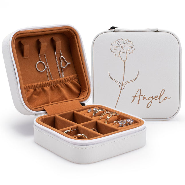 Custom Travel Leather Jewelry Box with Birth Flower Month and Name